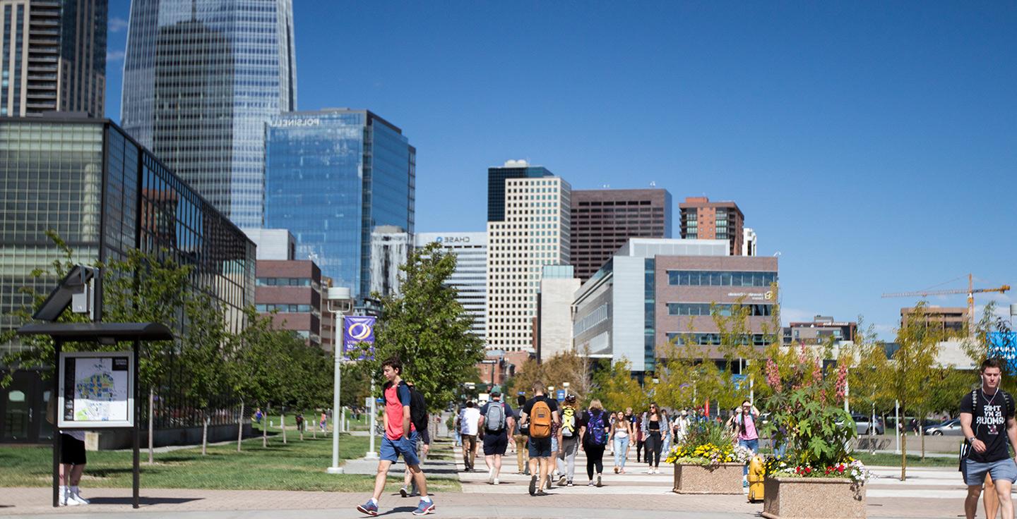 Students walking through Auraria Campus.